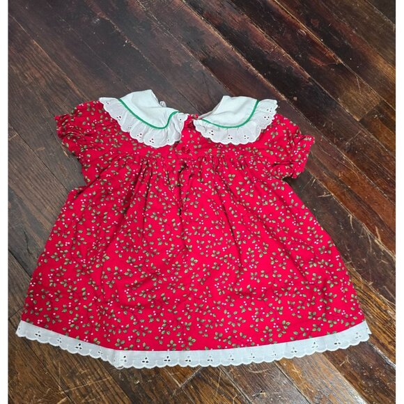 ❤️Vintage Rare Editions Red Holly Christmas Dress Cotton 6-9 Months - Picture 9 of 11
